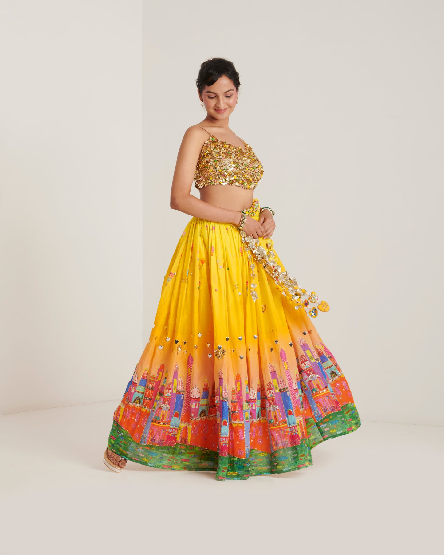 Yellow cotton printed lehenga set