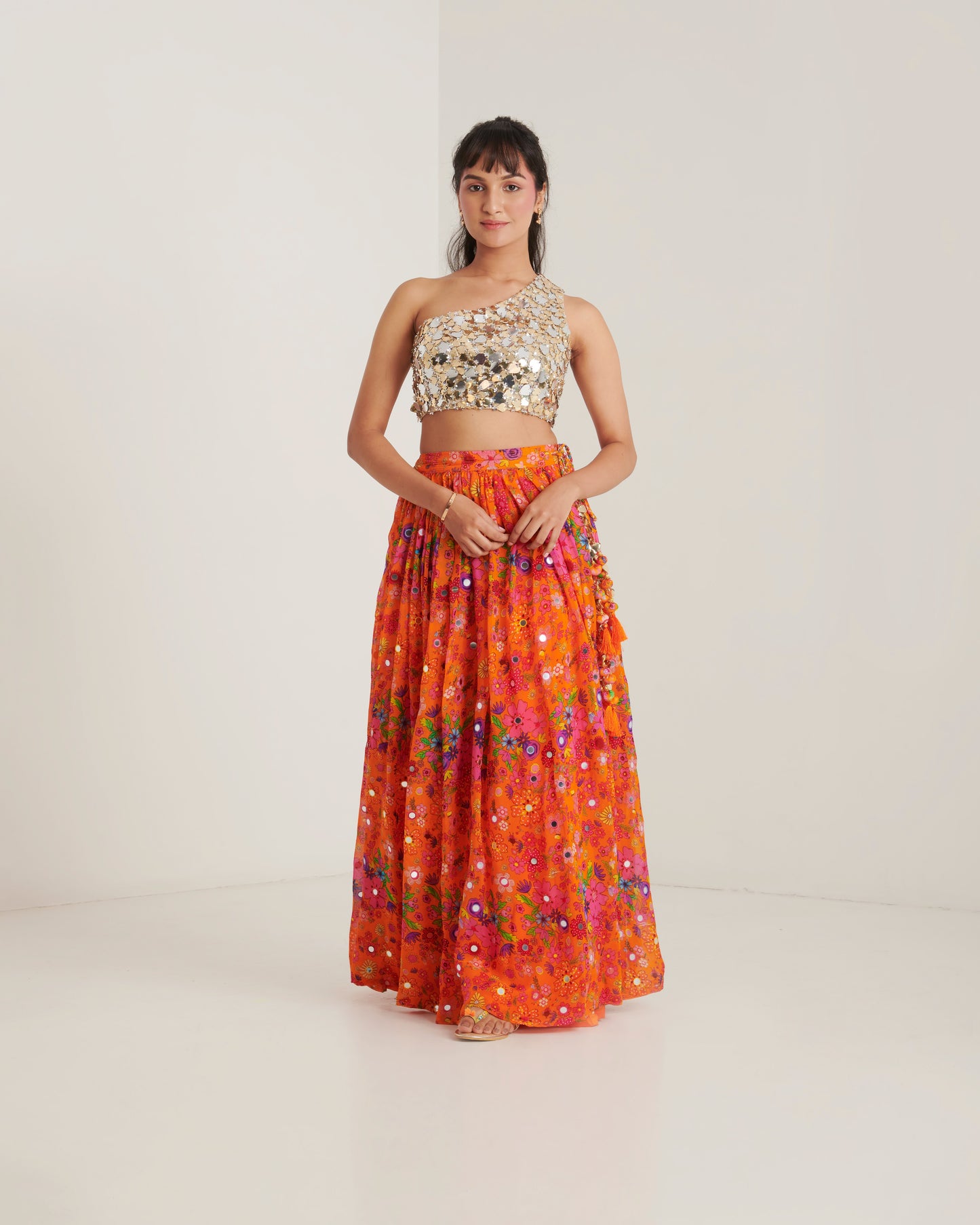 Orange organza printed lehenga set