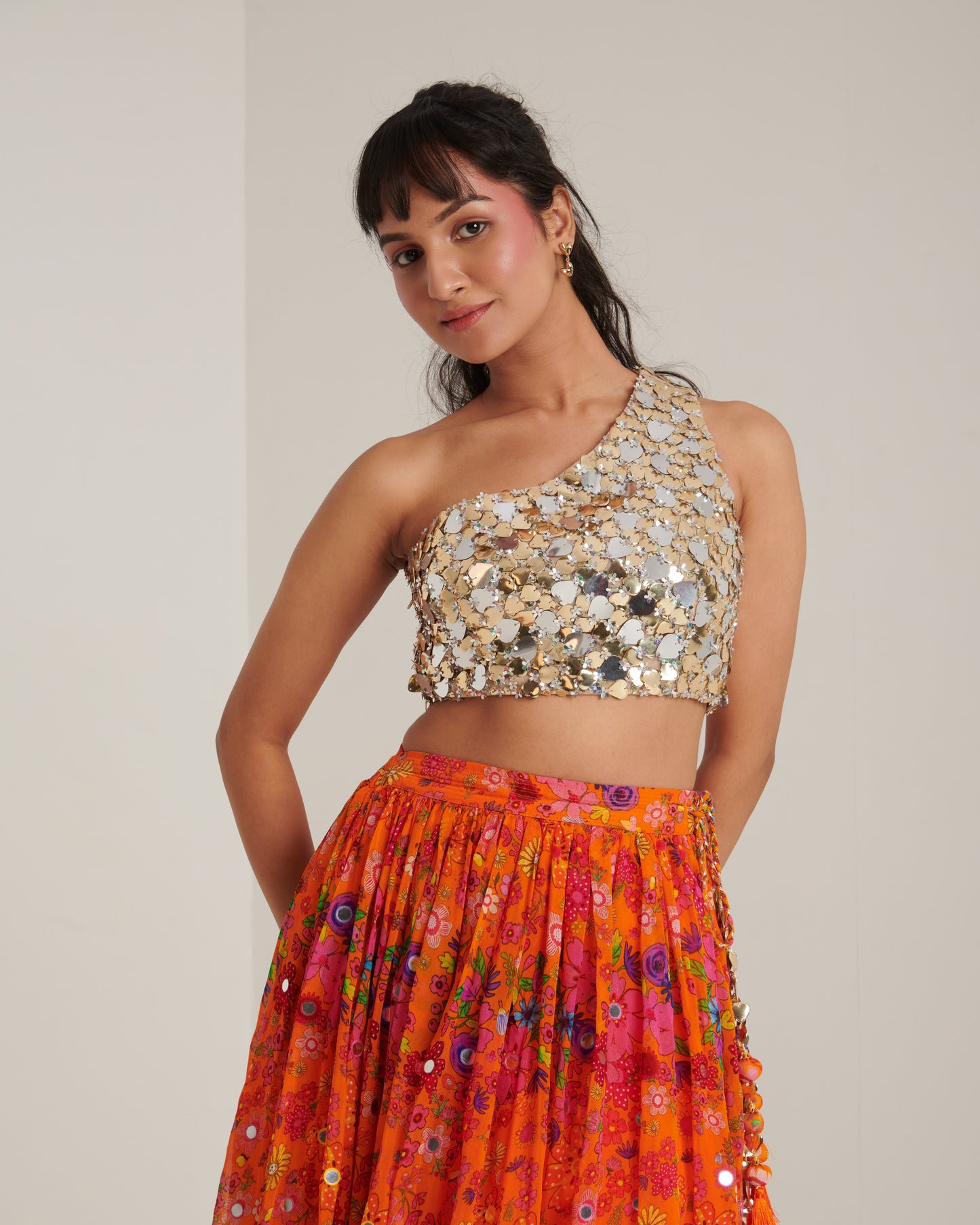 Orange organza printed lehenga set