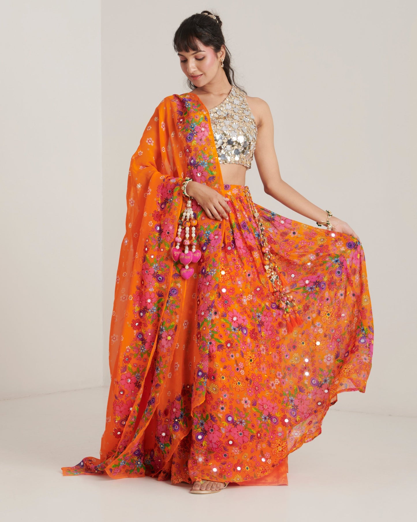 Orange organza printed lehenga set