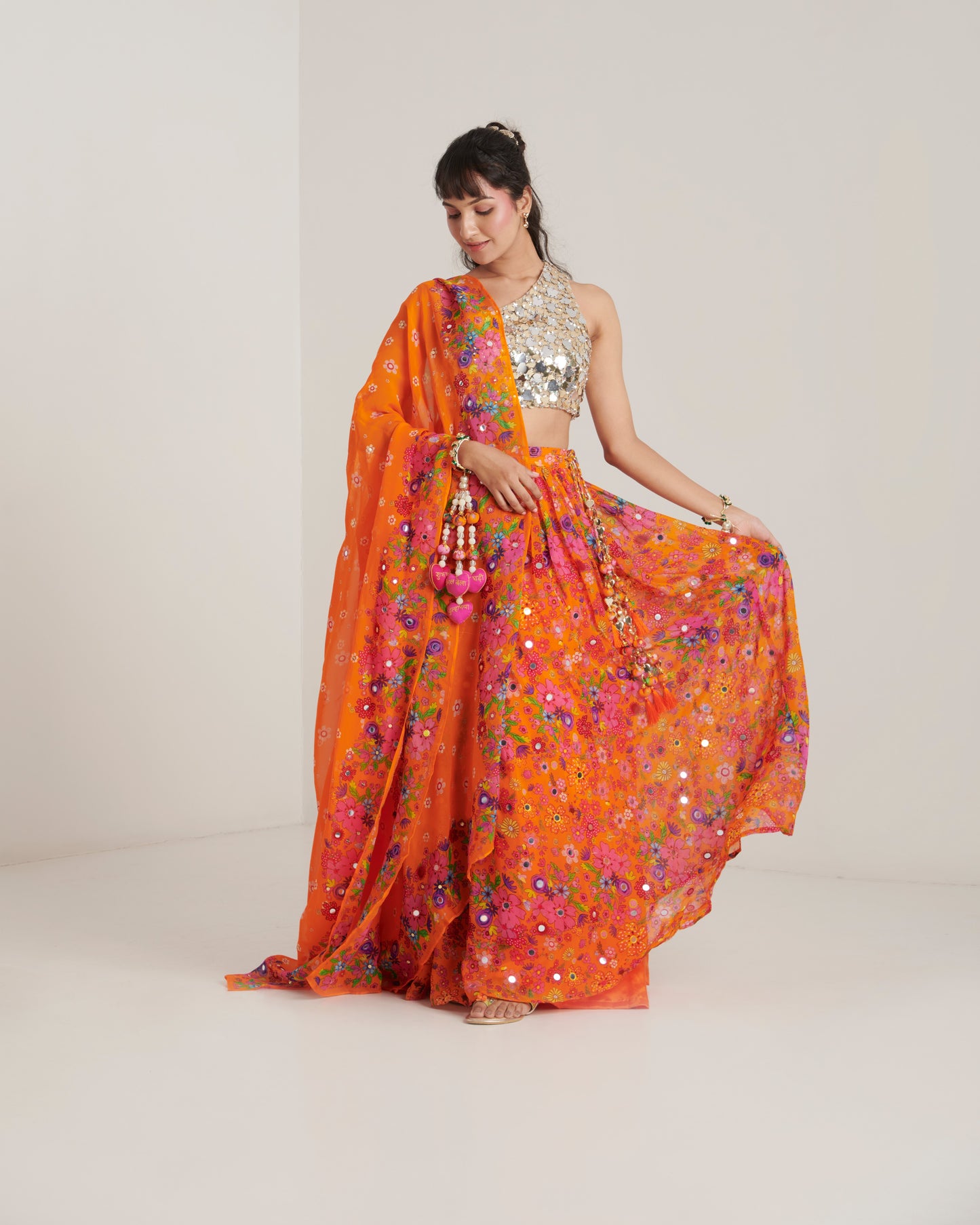 Orange organza printed lehenga set