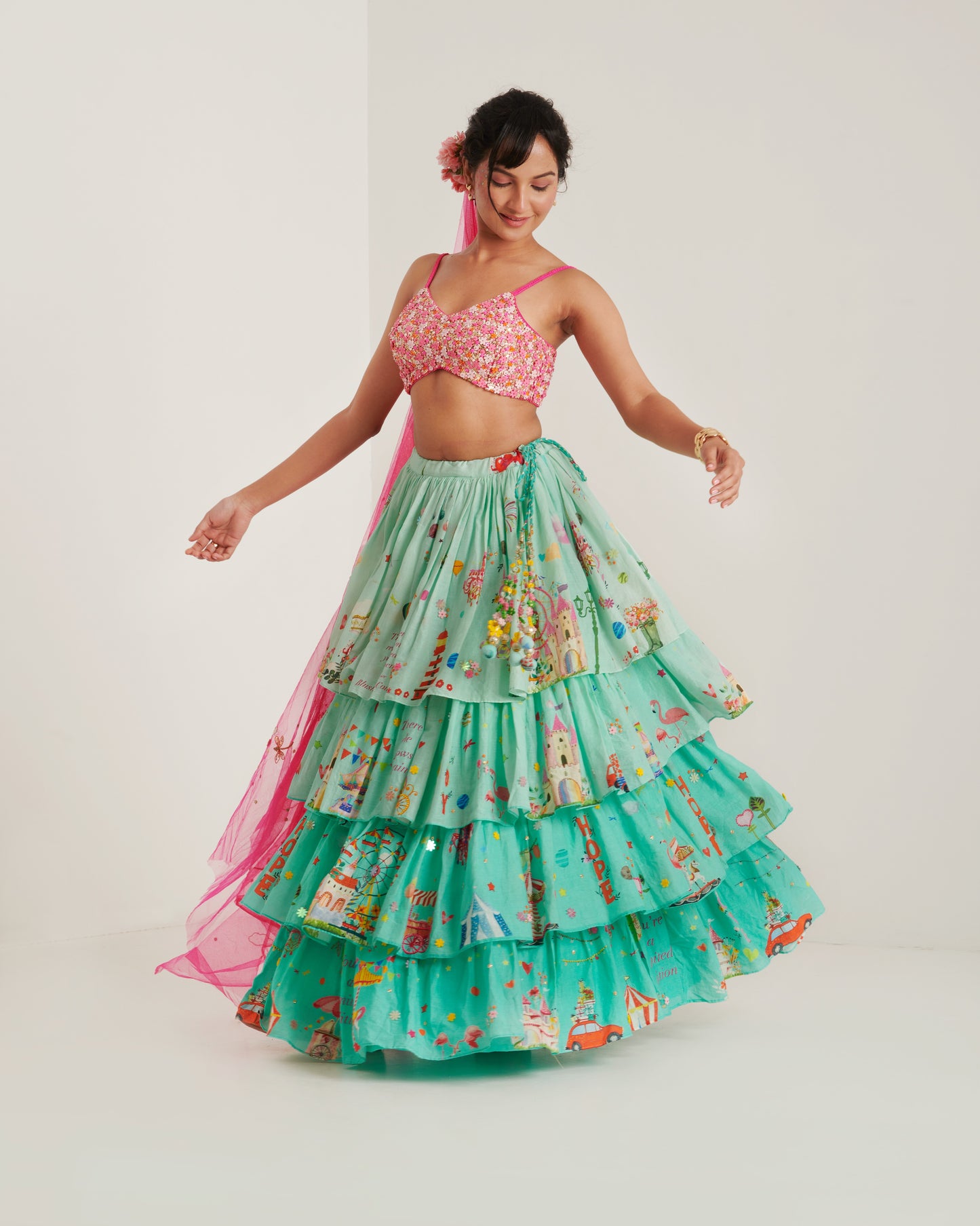 Turquoise printed lehenga set