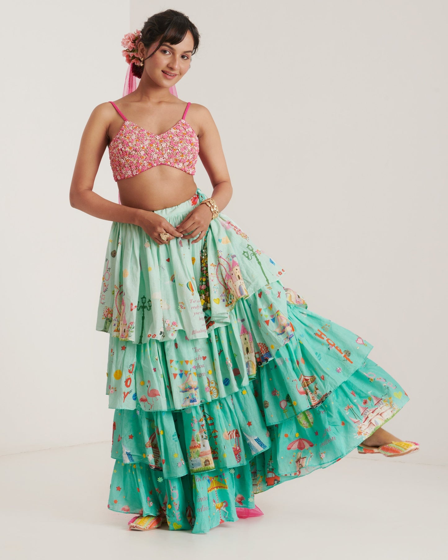 Turquoise printed lehenga set