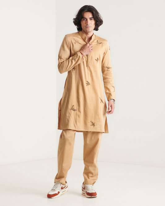 Beige hand embroidered kurta set