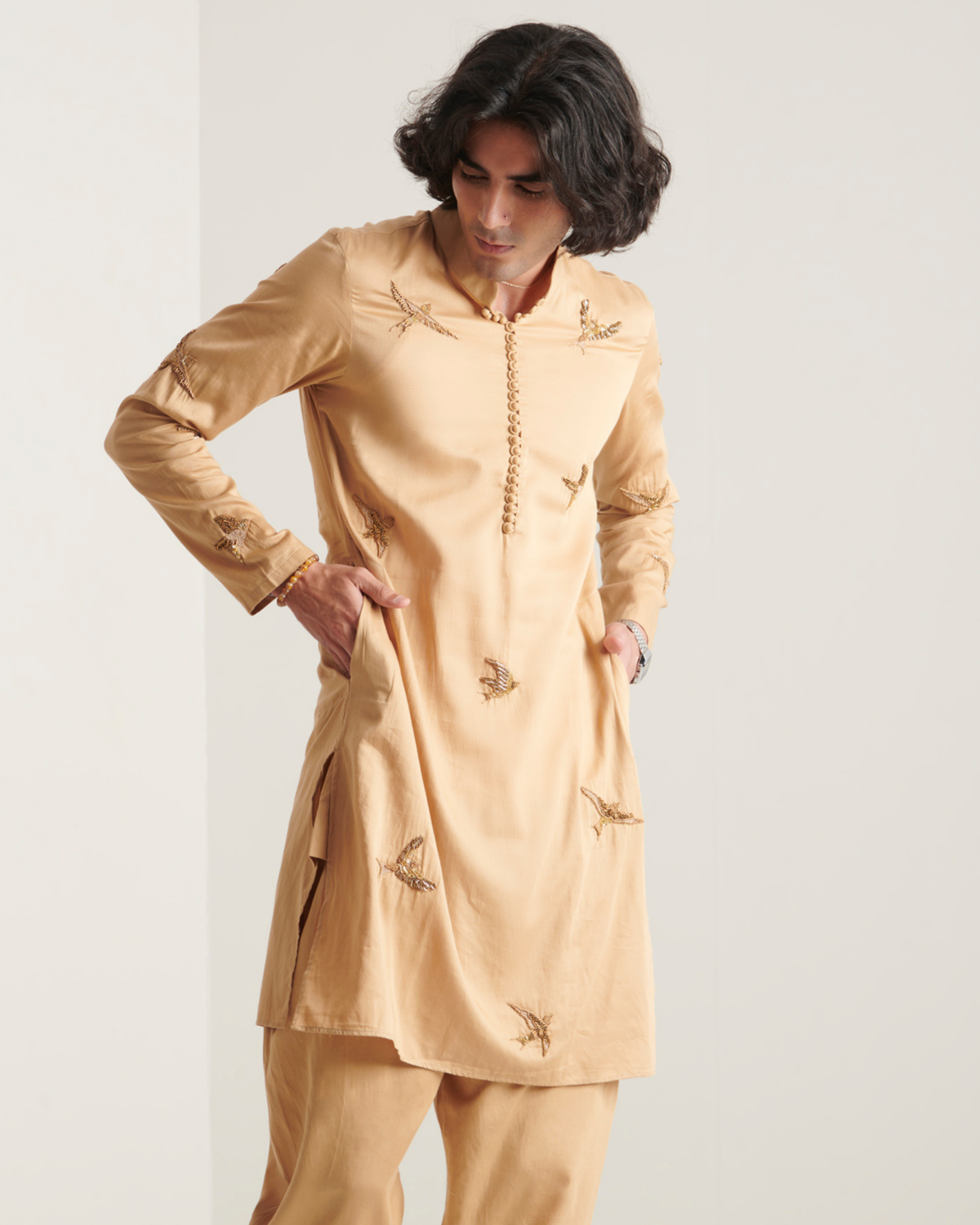 Beige hand embroidered kurta set