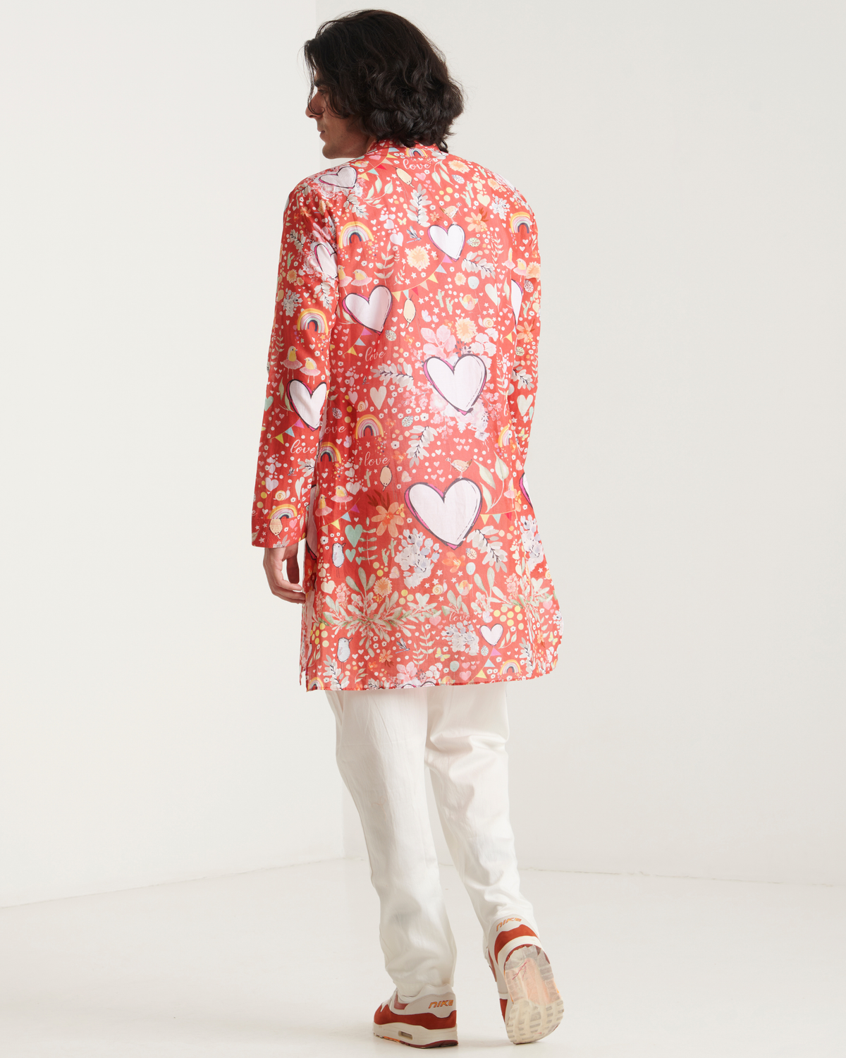 Red heart printed kurta set