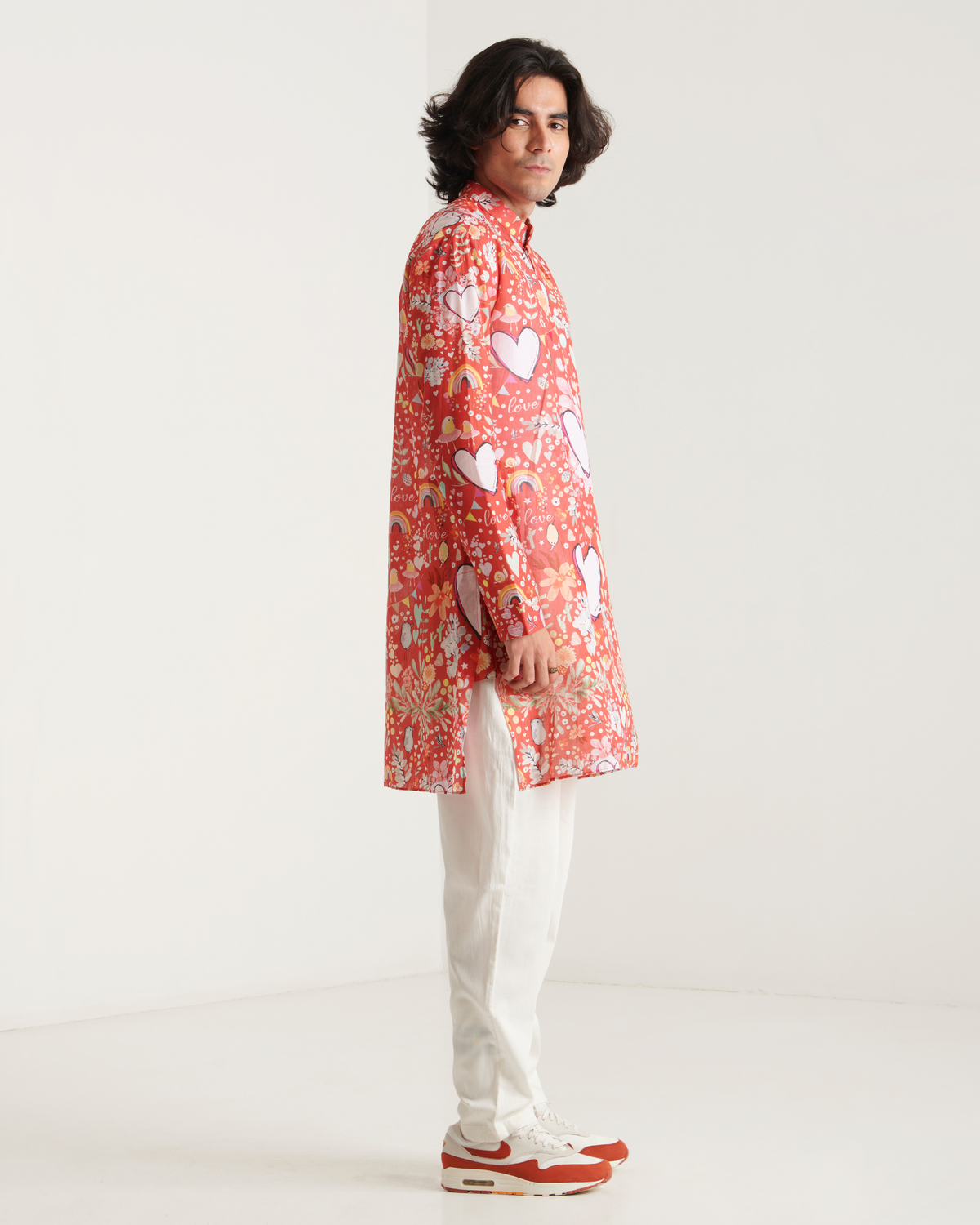 Red heart printed kurta set