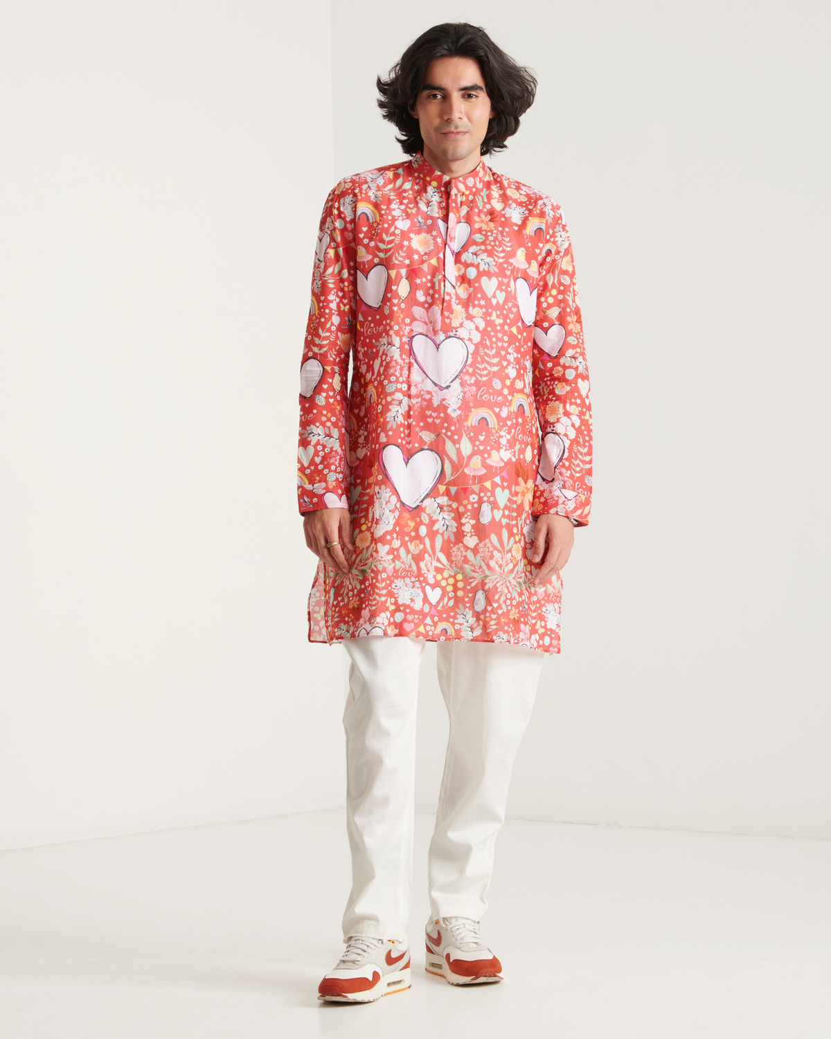 Red heart printed kurta set
