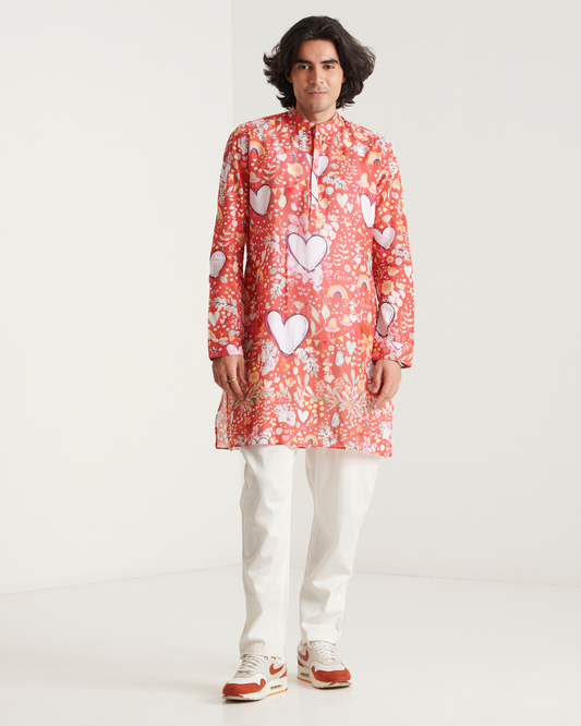 Red heart printed kurta set