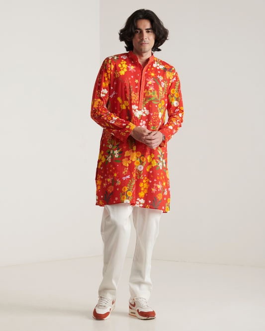 Red printed kurta set