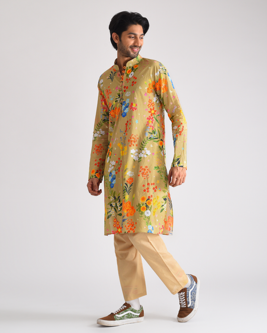 Beige printed men's kurta set