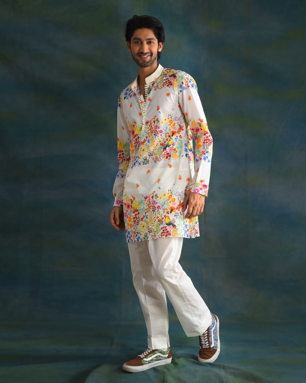 Cream printed men's kurta set
