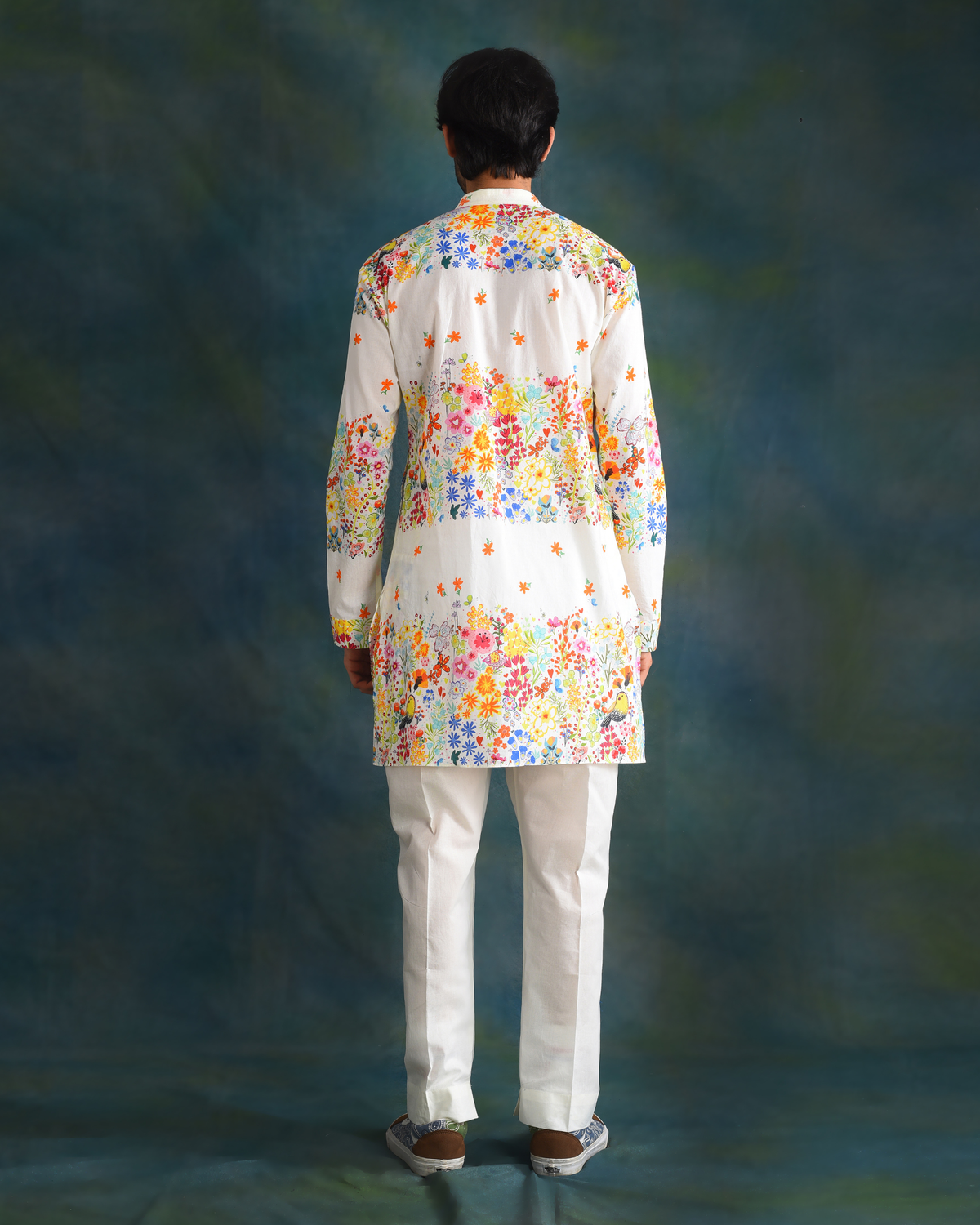 Cream printed men's kurta set