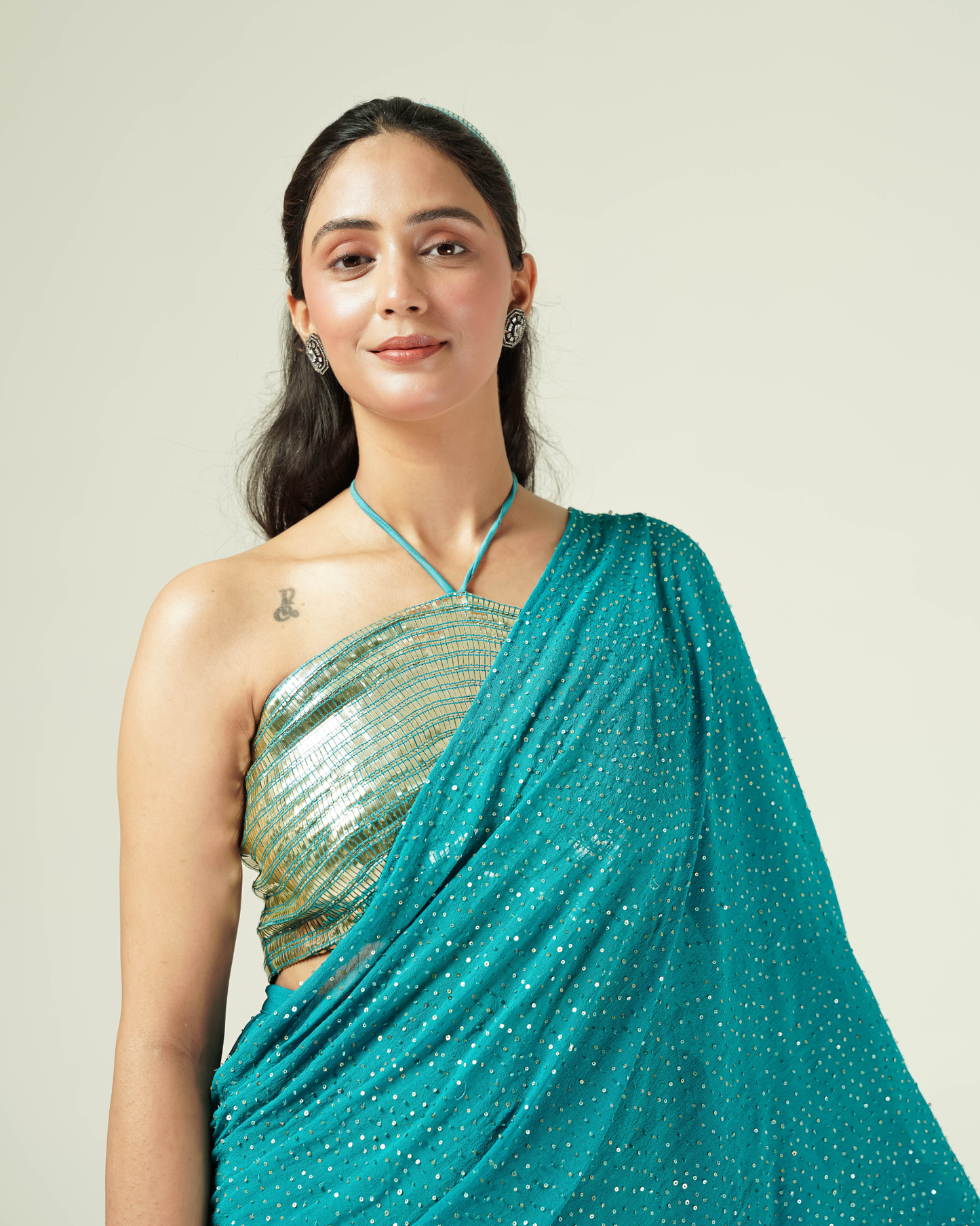 Tara Teal Pre-Draped Saree Set