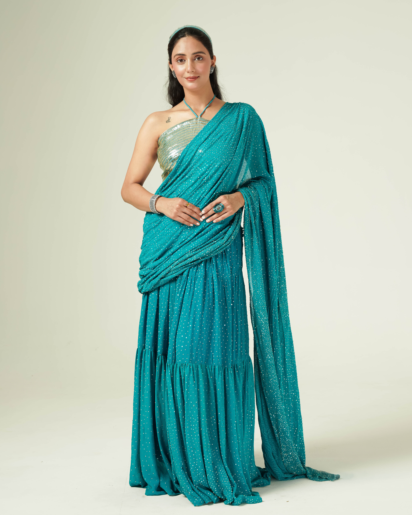 Tara Teal Pre-Draped Saree Set