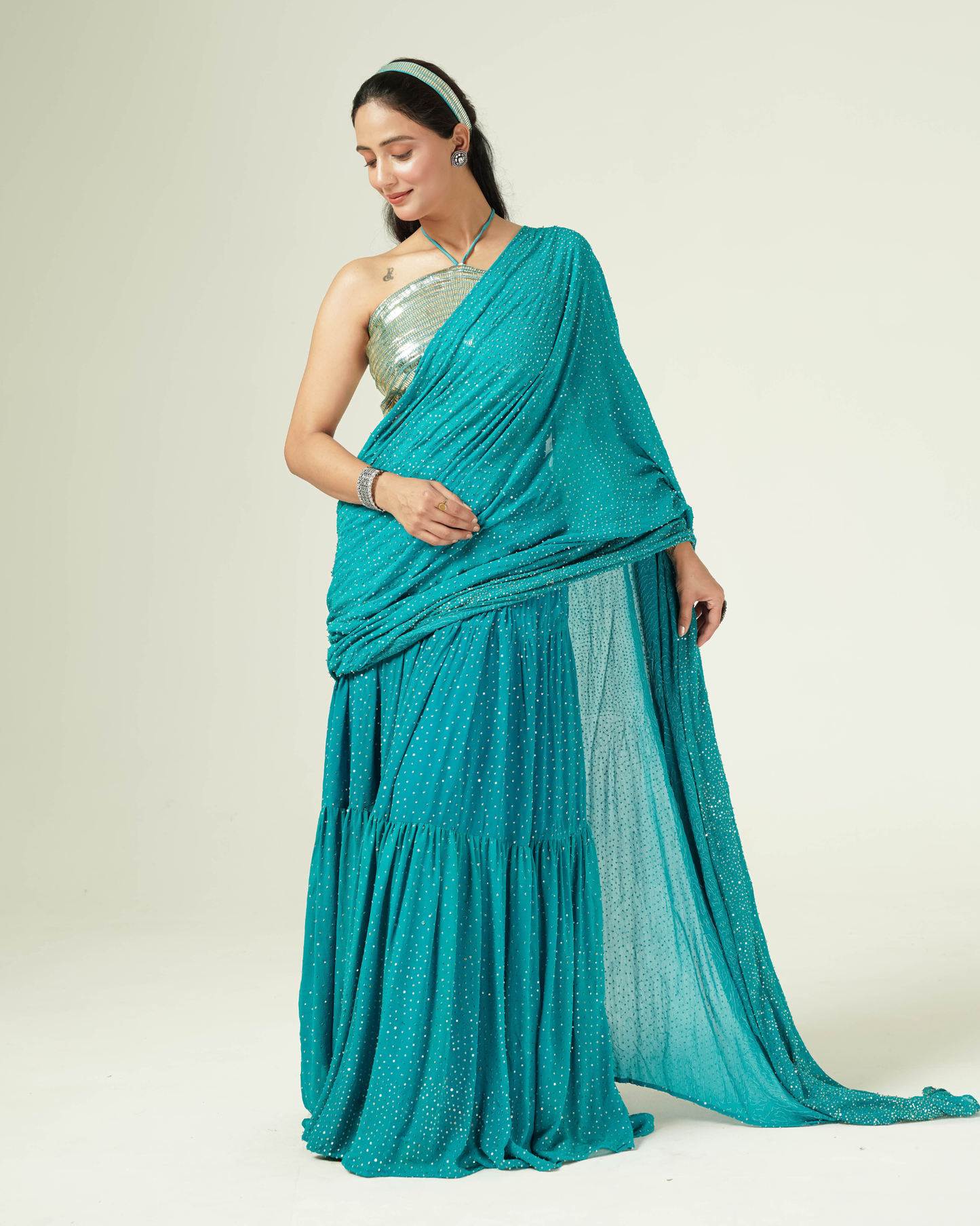 Tara Teal Pre-Draped Saree Set
