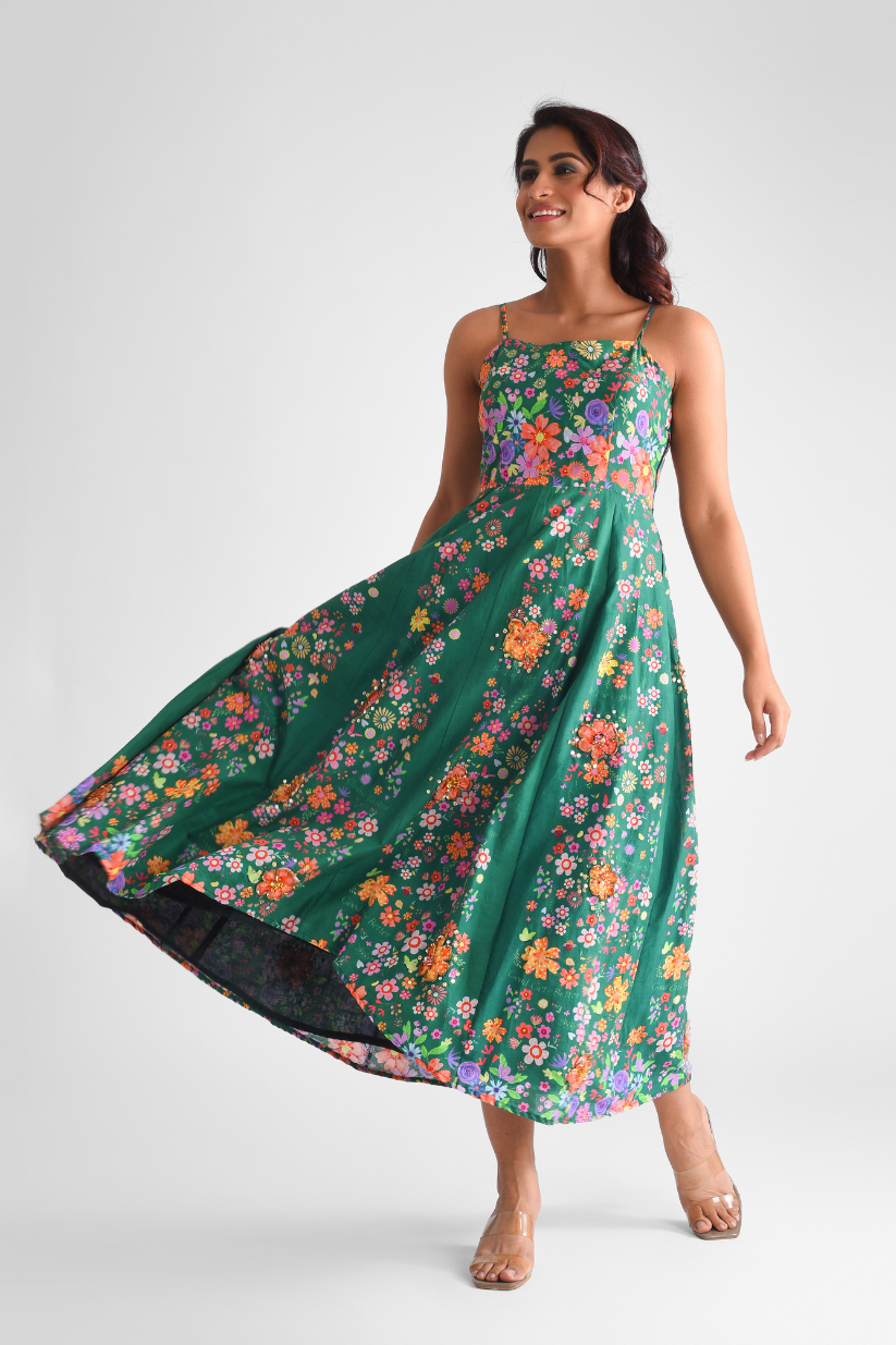 Applique Flower Green Cotton Dress