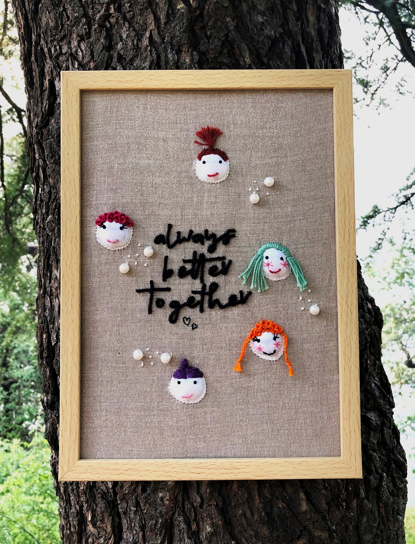 Wall Frame with  3-D Family Faces  hand-embroidery