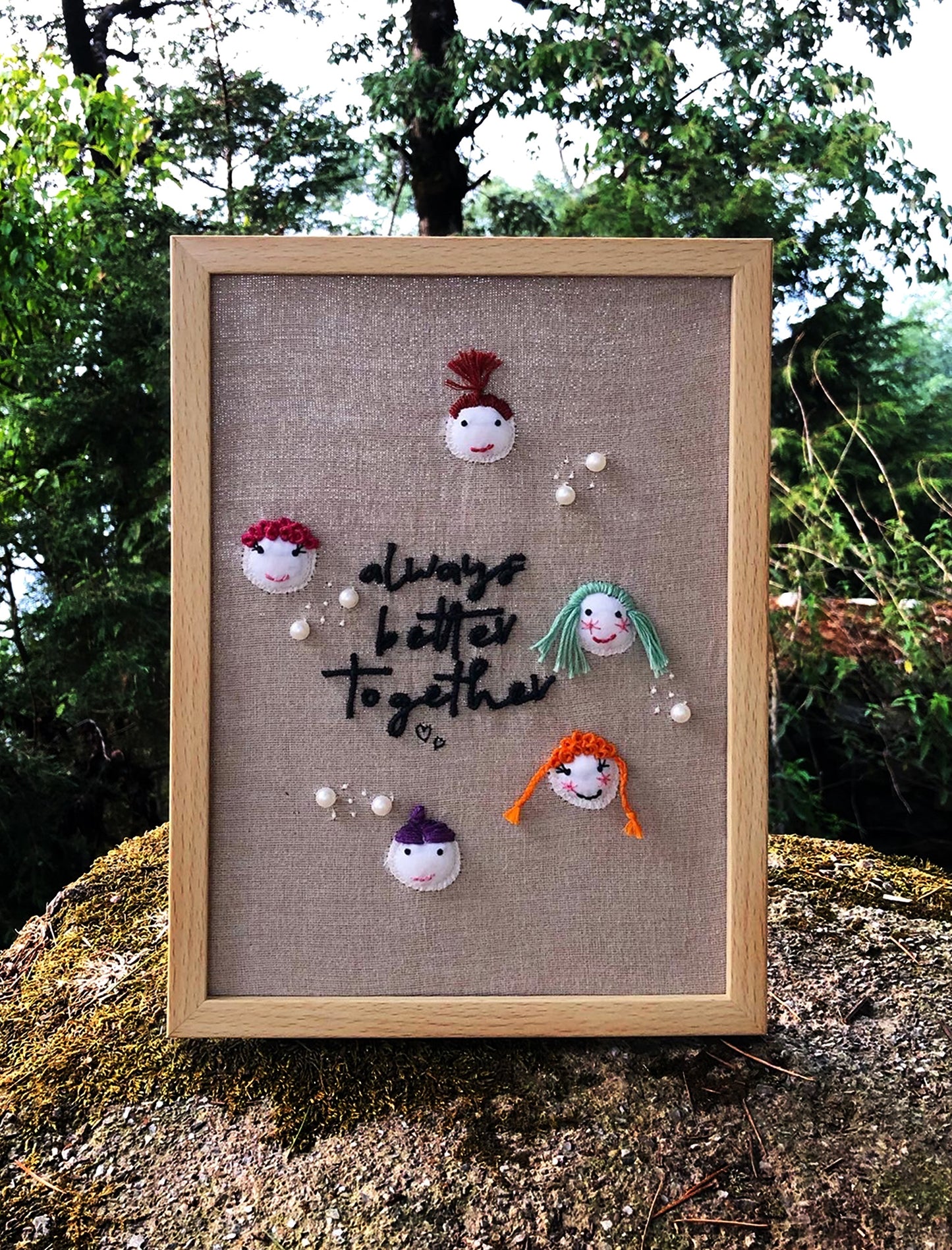 Wall Frame with  3-D Family Faces  hand-embroidery