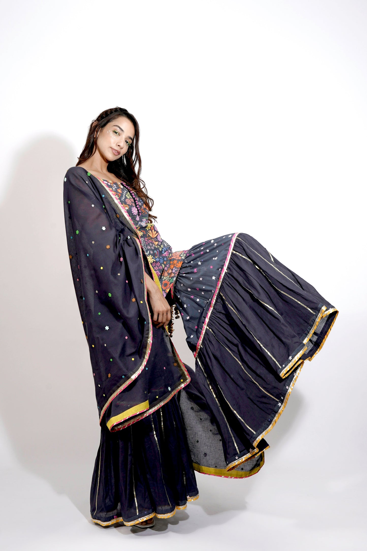 Black Flora Print Sharara Set