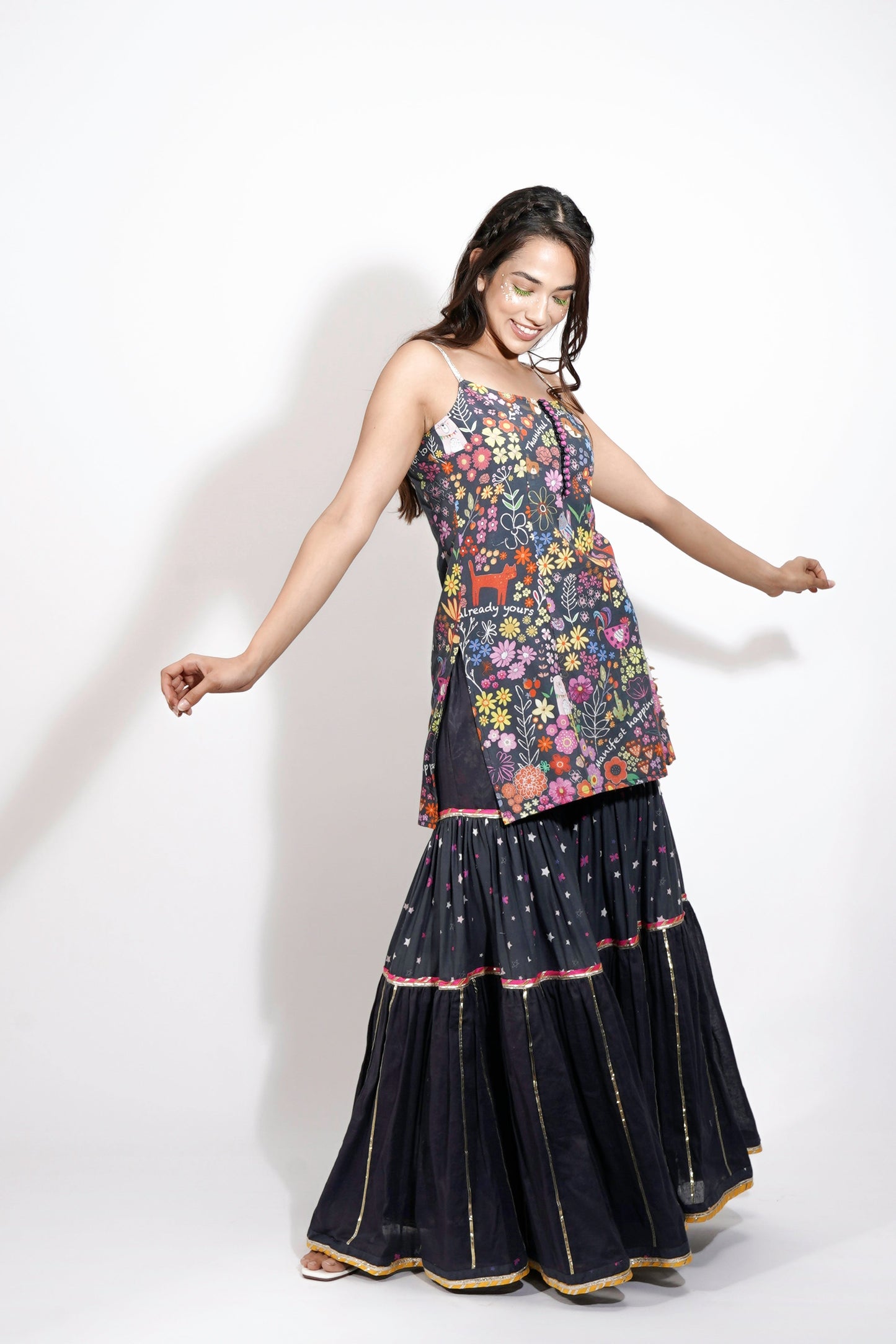 Black Flora Print Sharara Set